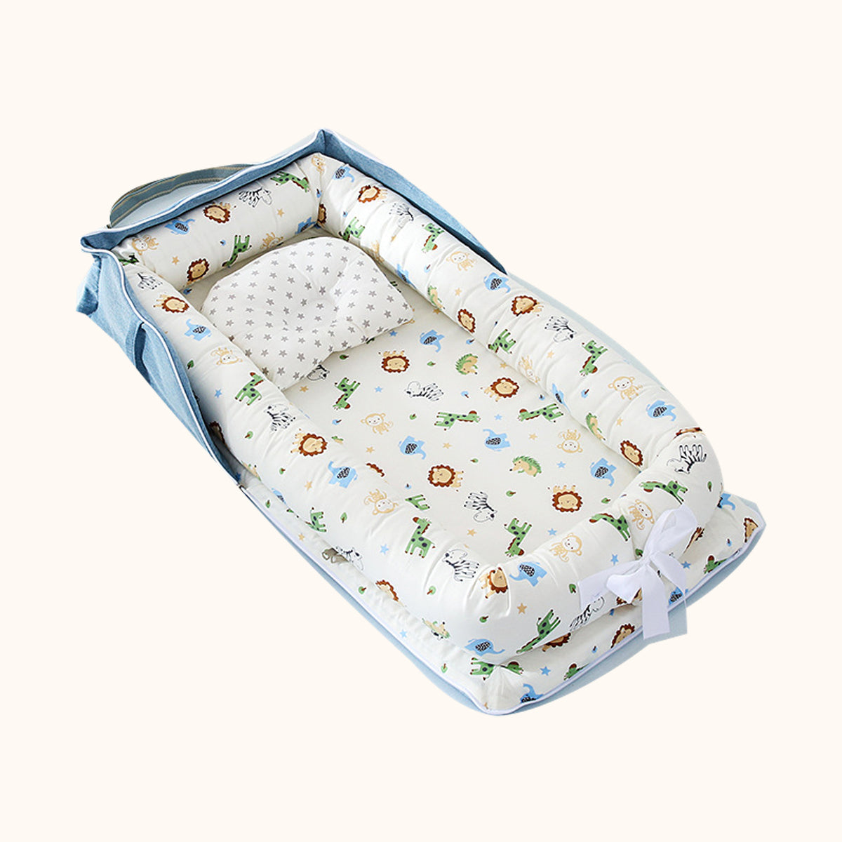 Babynest med avtagbar klädsel – Djurmönster, blått / 85 × 45 cm